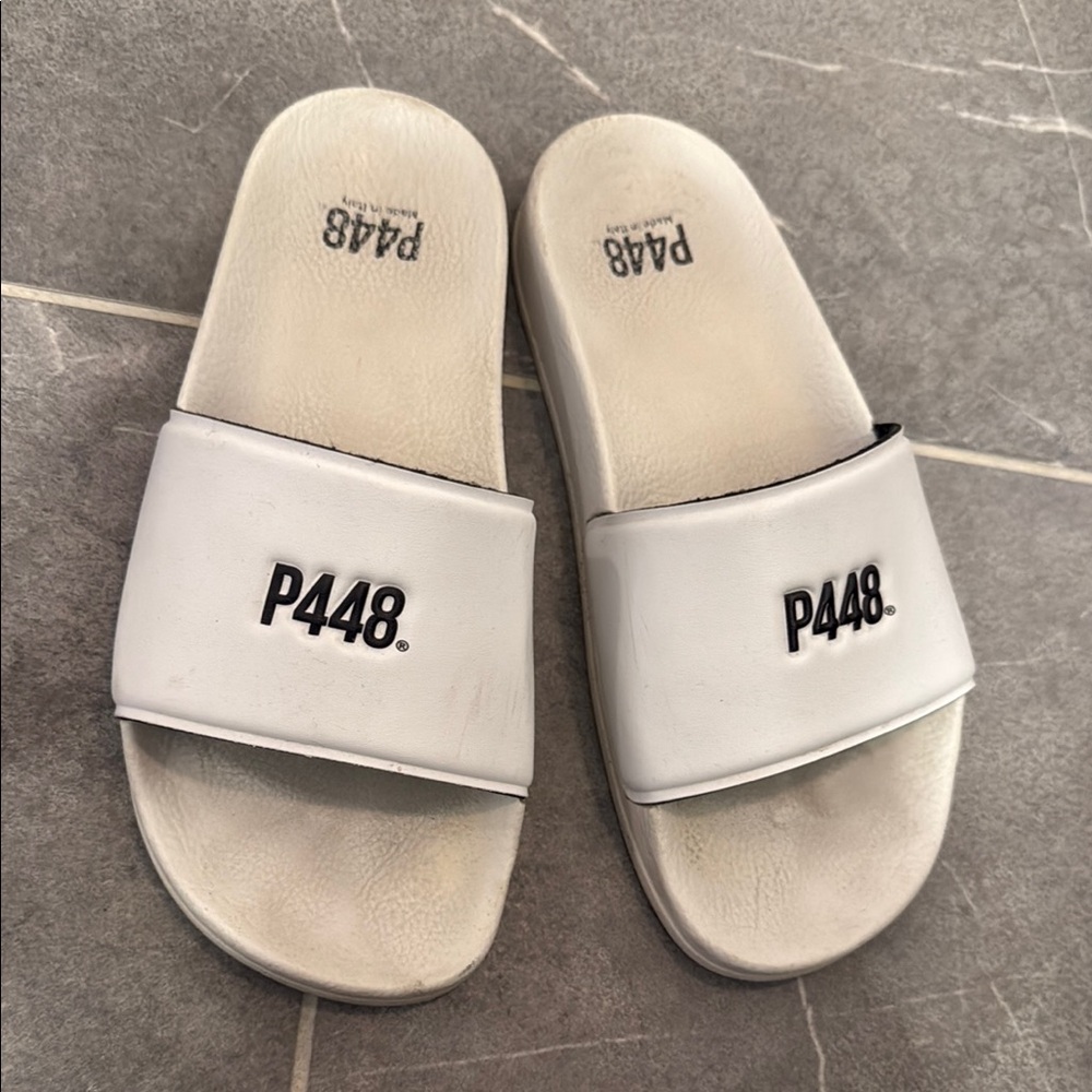 Well worn P448 white Slide Sandals